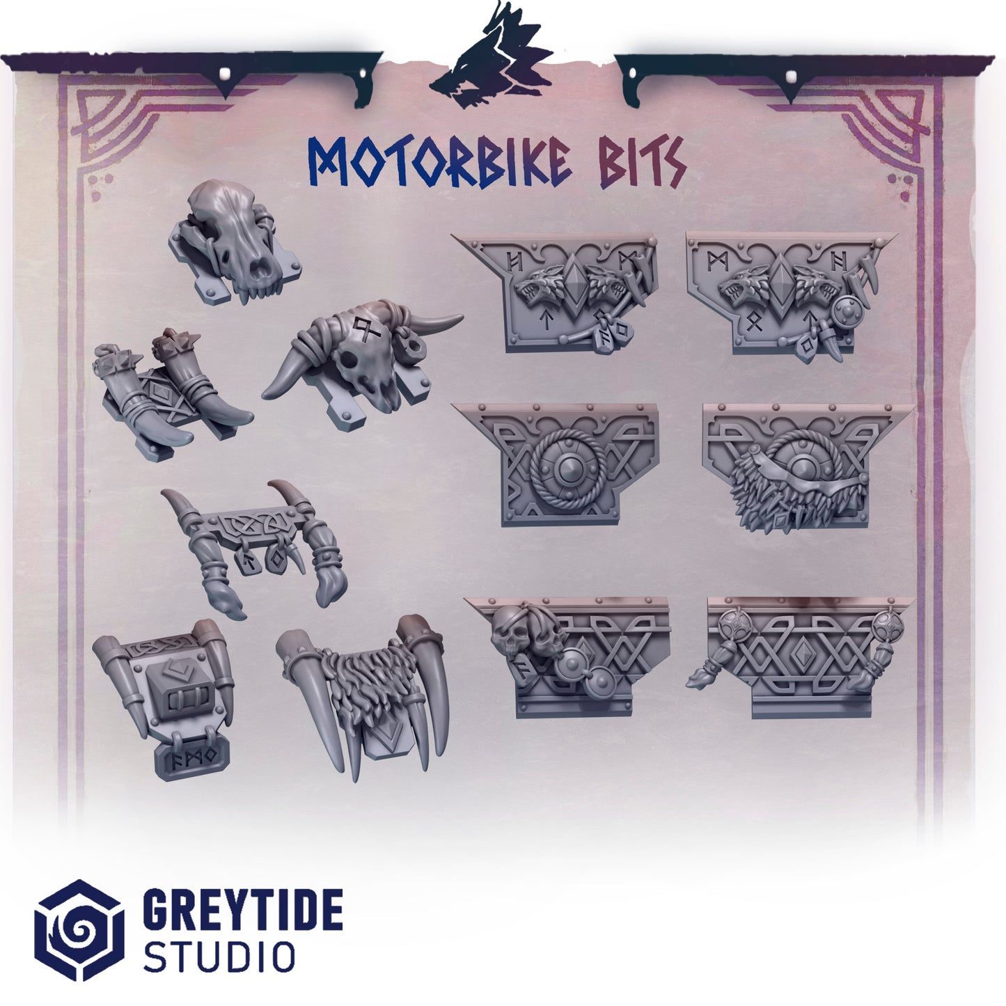 Primal Hounds Motorbike Parts | Bits Packs by Greytide Studios | 3D Printed Bits